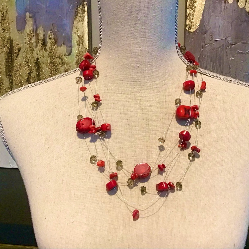 Coral Multi-Strand Beaded Necklace
